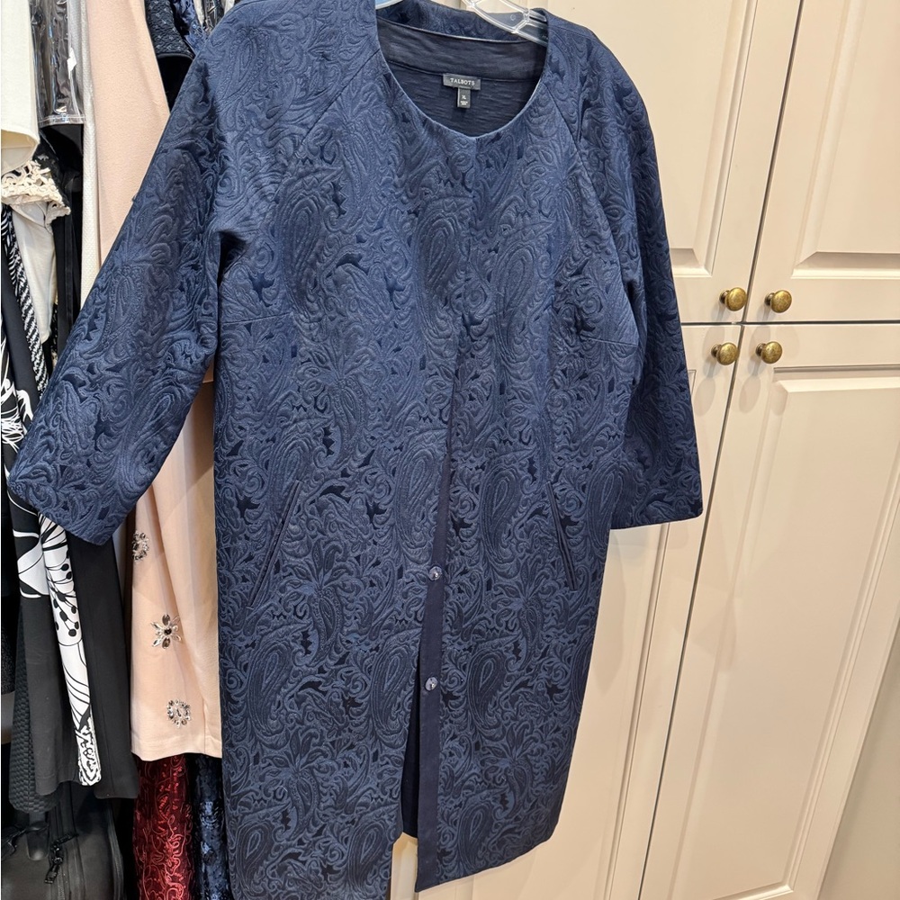 NWOT Navy Blue Jacquard Paisley Crop Sleeve Long Coat Midi